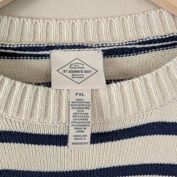 St. John's Bay Navy White Stripe Sweater Brown Boucle Heart Cottagecore Size PXL - Picture 7 of 13